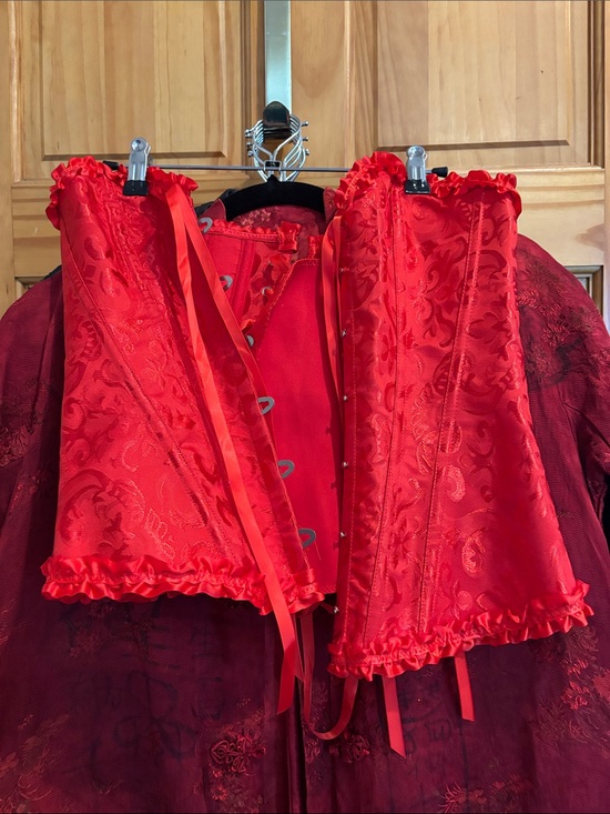 Other - Red Brocade Corset Top with Ruffle Trim